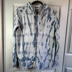 Mens XS GAP Sweats White & Blue Tie Dye Full Zip Hooded Sweatshirt Surfer Beach